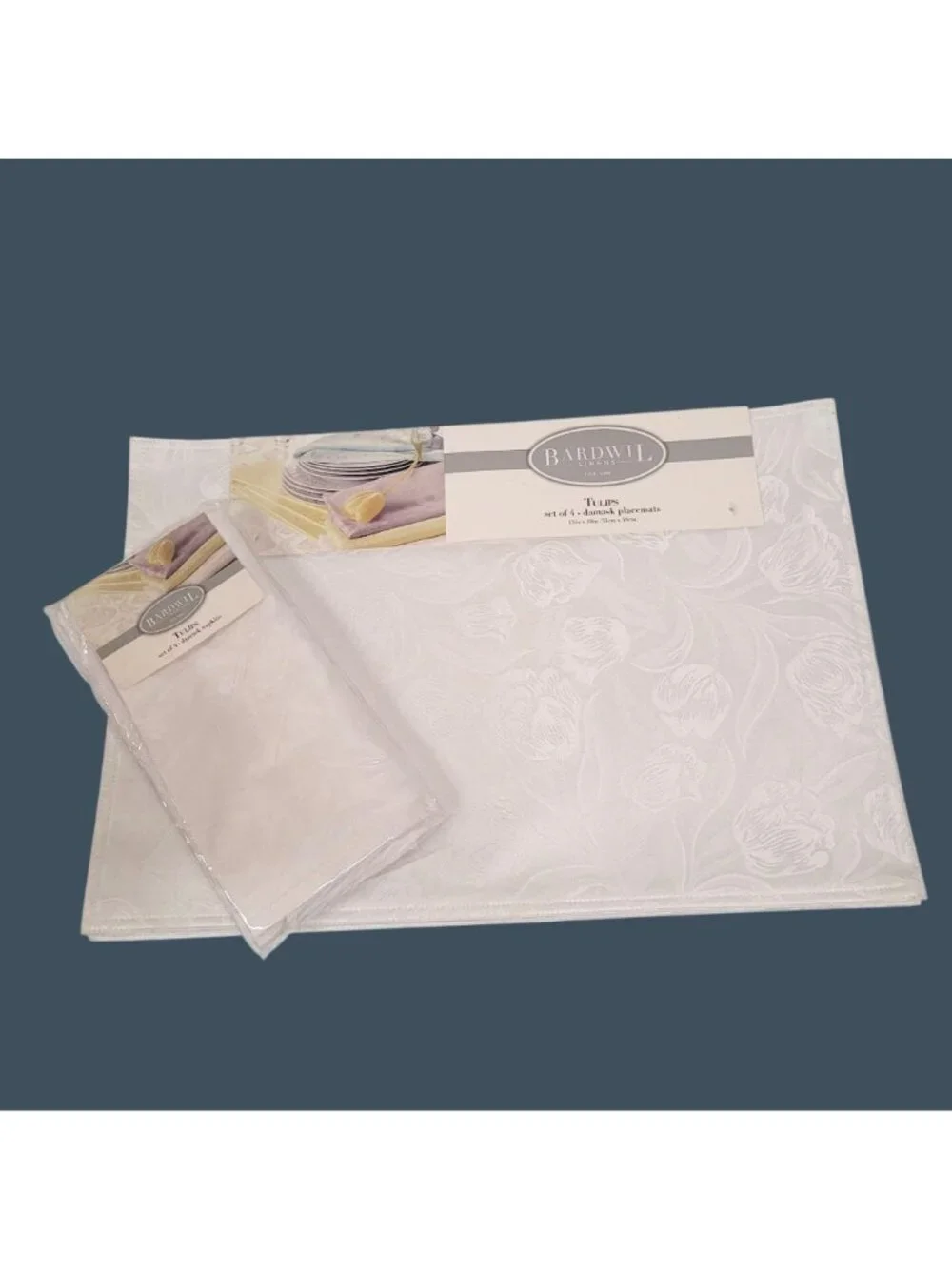 Bardwil Linens Tulips Damask Placemats & Napkins Set Of 4 White New